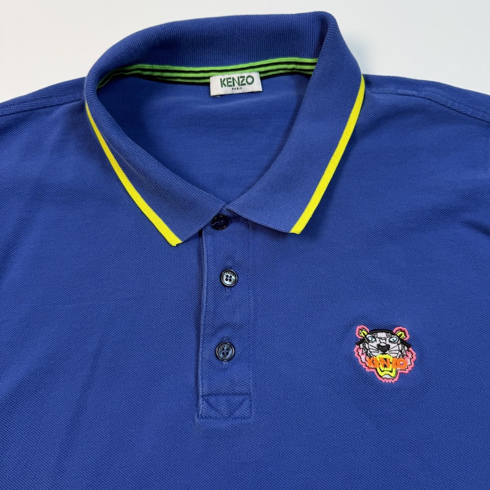 Kenzo Paris Polo Shirt Mens Large Blue Tiger Crest Embroidered Cotton Pique Logo